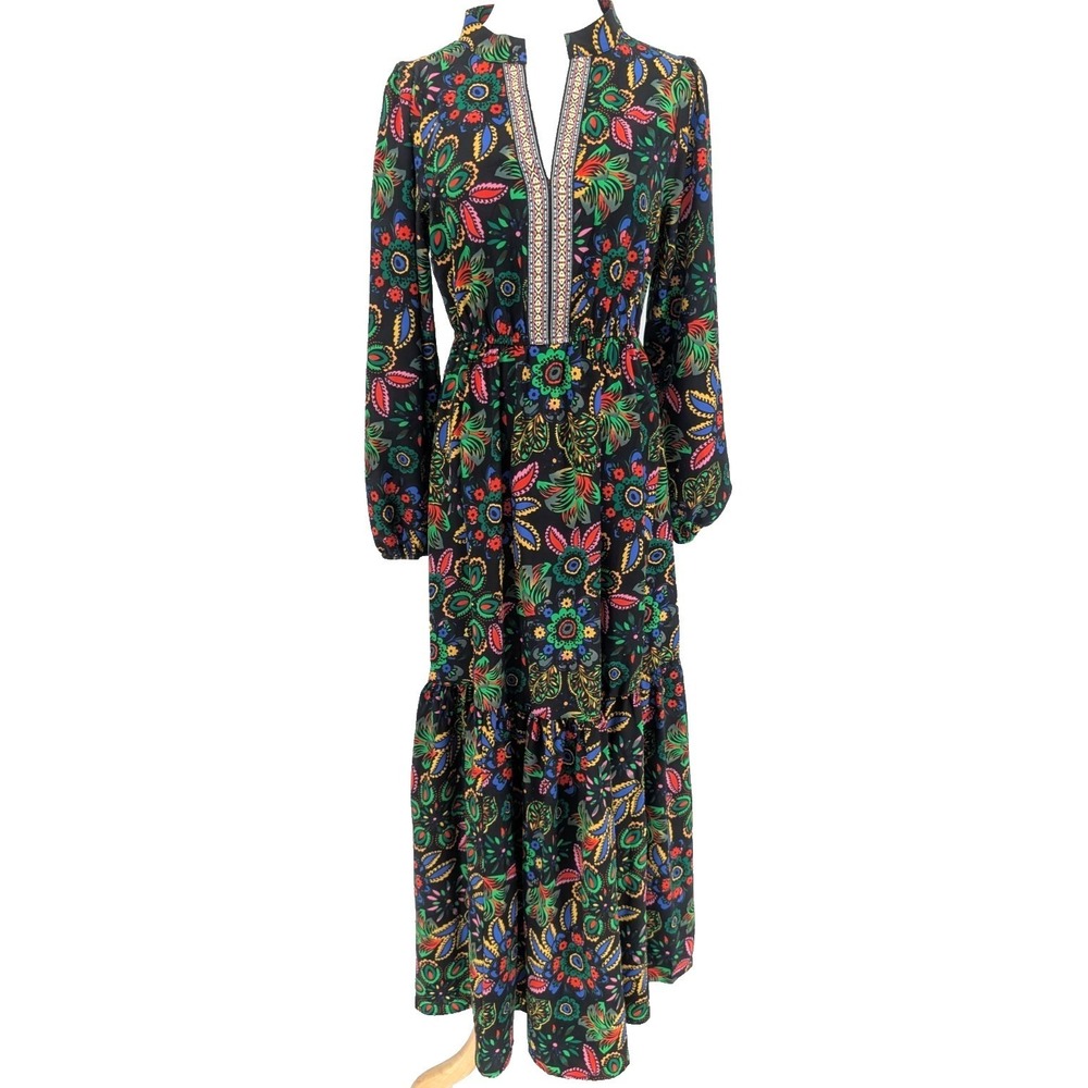 RusttyDustty Black Floral Tiered Ruffle Maxi Dress SML Rio Boho Cottage Prairie - Picture 2 of 16